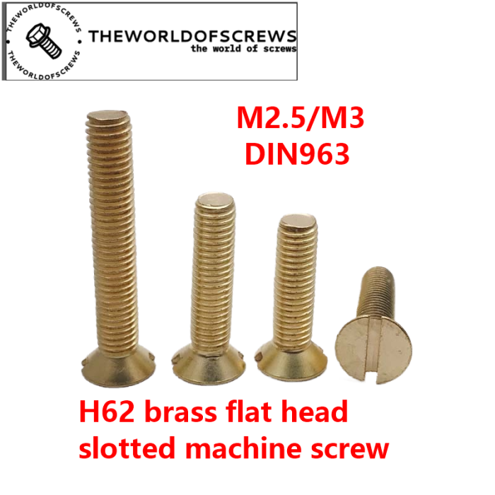 M2.5/M3 metric H62 brass flat head slotted machine screw DIN963