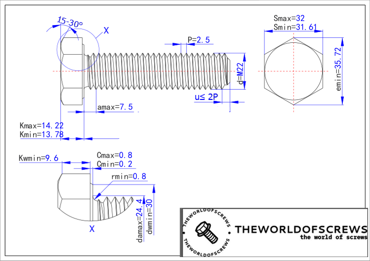 304 stainless steel 18-8 metric hex screws M22*2.5